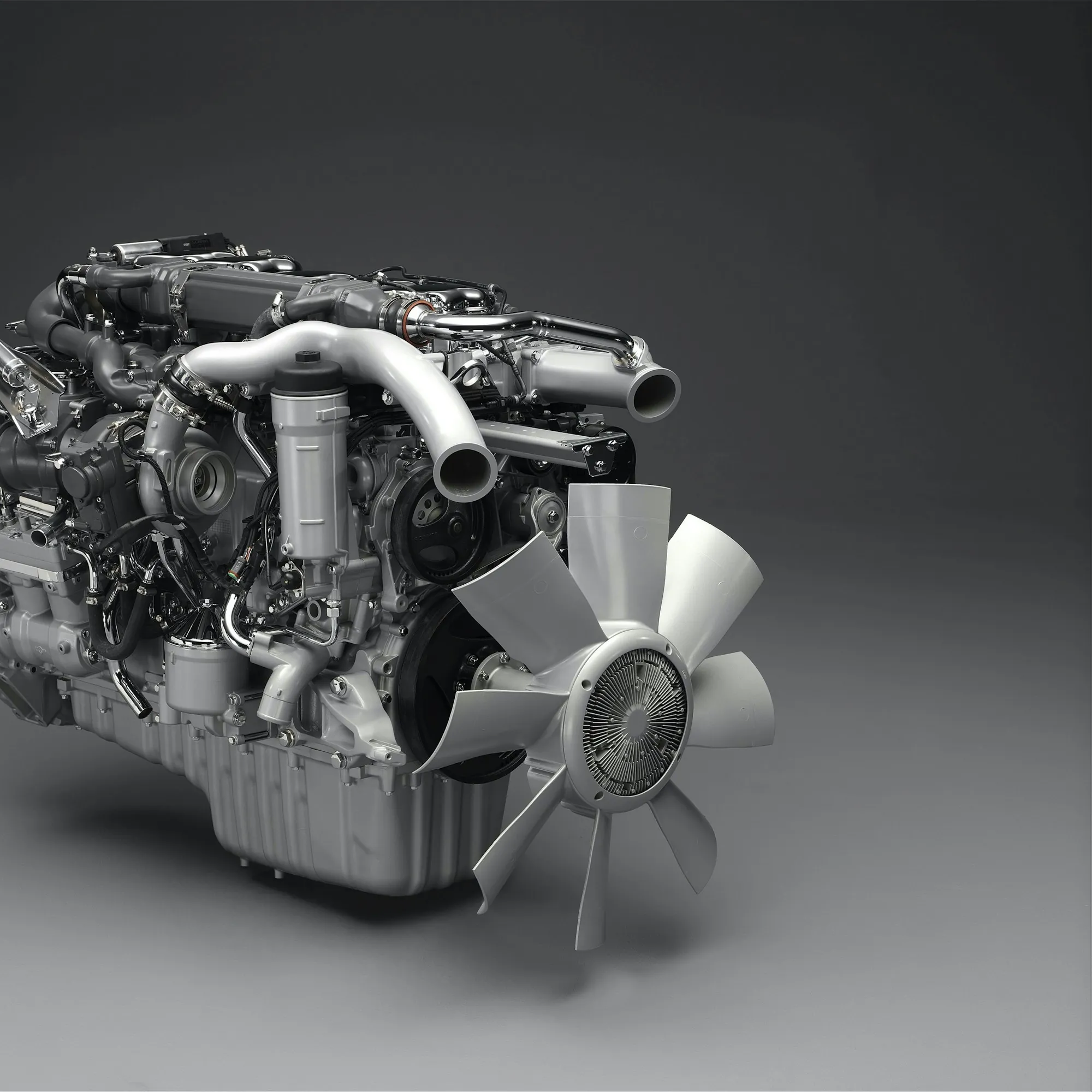 Modern turbo diesel engine on a clean studio background