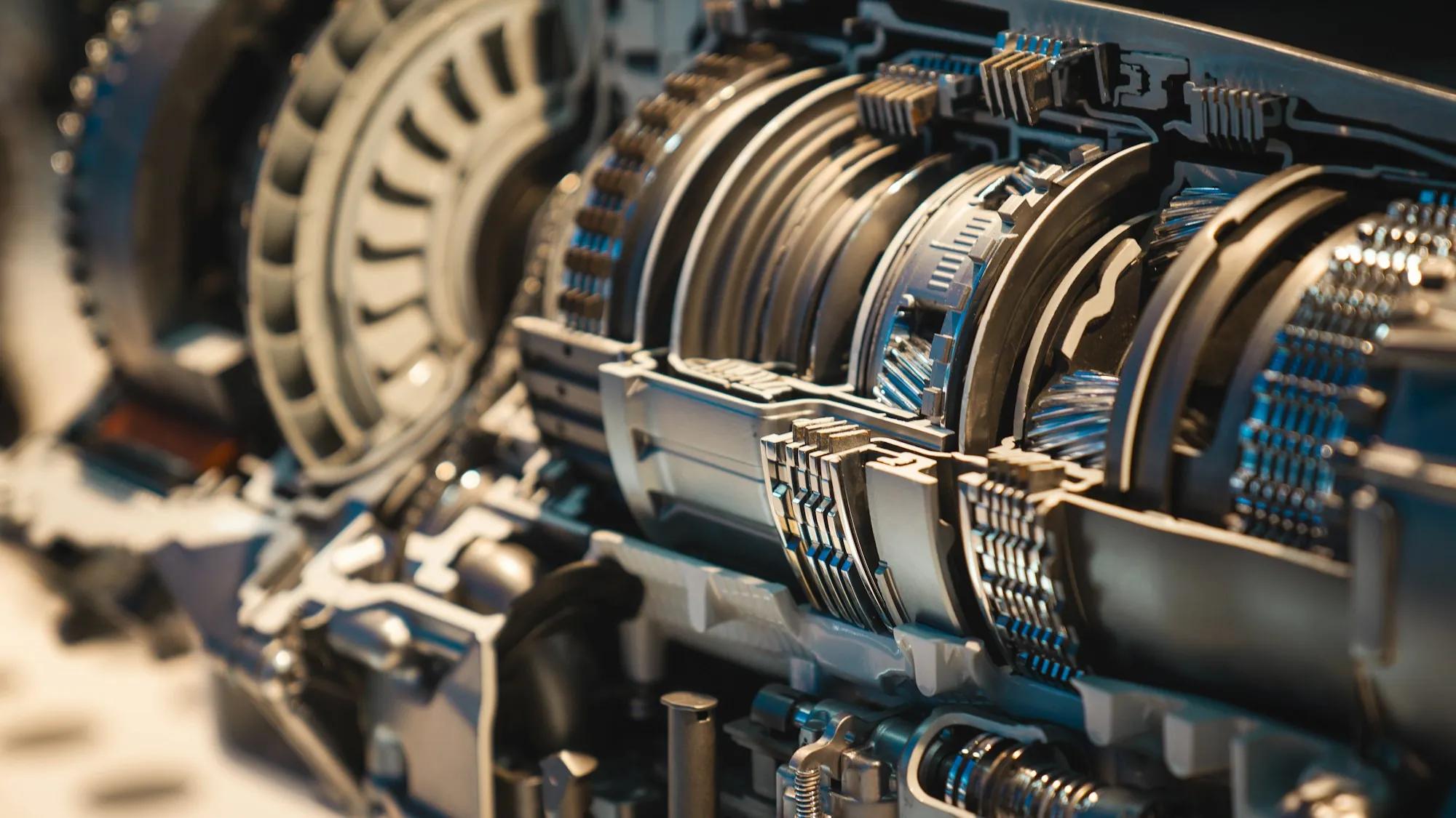 Cutaway view of an automatic transmission's gears and clutch packs
